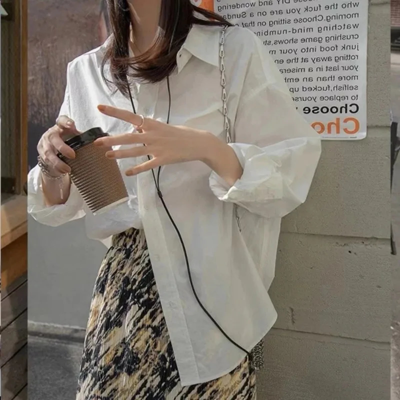 Korean Style Long-sleeved Shirt Ladies Spring Lazy Retro Green Blouse Womens Clothes Tops Casual Female Solid Simple Shirt 240826