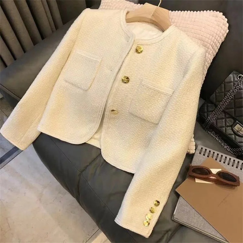 Autumn Womens Wool Coat High Quality Long Sleeve Casual Korean Short Elegant Jacket Top 240826