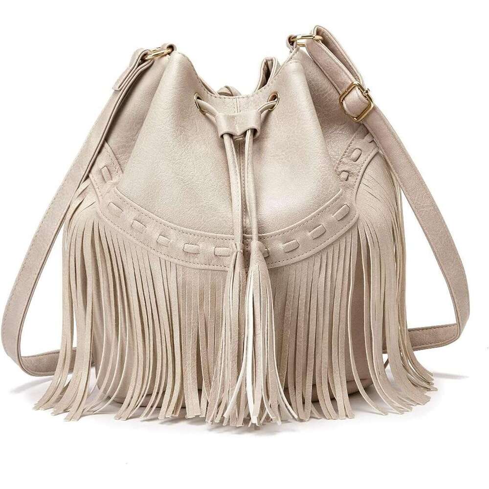 Leather Bucket Bag for Women: Crossbody Fringe Purse hot with Drawstring, Tassel Hobo & Shoulder Handbag