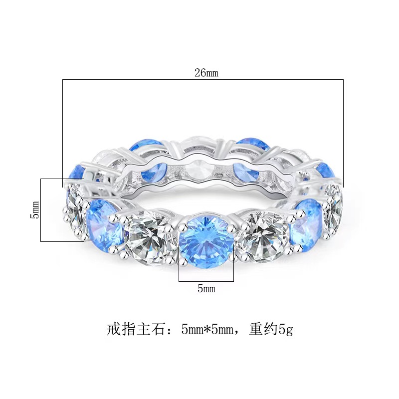 S925 Sterling Silver Round Diamond Ring for woman Designer Ring inlaid Diamond Sea Blue Treasure 5mm Engagement Ring woman and man Trendy Retro Ring f