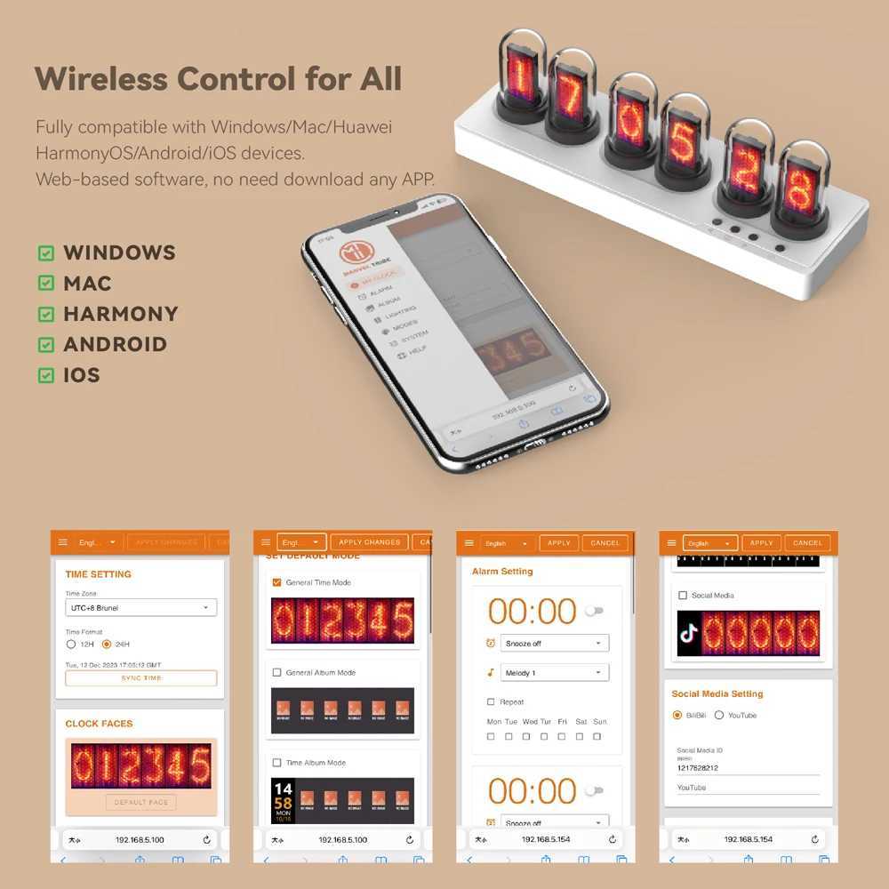 WIFI controlled IPS Nixie tube alarm clock with color RGB lights used for game room decoration. DIY clock face and pictures. Gift Creativity CL240827