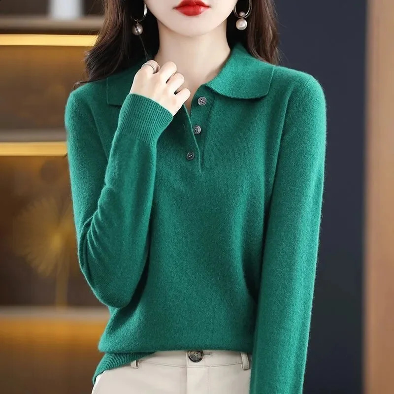 Womens Sweater Spring and Autumn Polo Collar Knitted Lanhua Long Sleeve Cashmere Free Jumping Bottom Shirt 240827