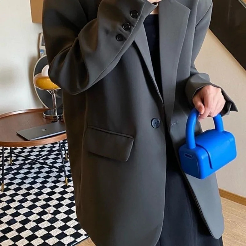 Solid Color Suit Commuting Jacket Female Korean Autumn Spring Women Oversize Coat Small Fellow Loose One Button Suit 240826