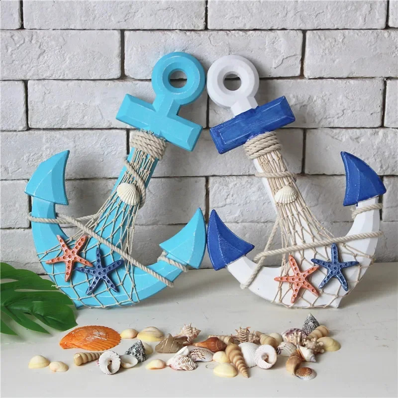 33cm Mediterranean Style Wood Anchor Ornament Nautical Decor Hanging Crafts Thermometer Wall Hanging Hook DIY Home Room Decor 240827