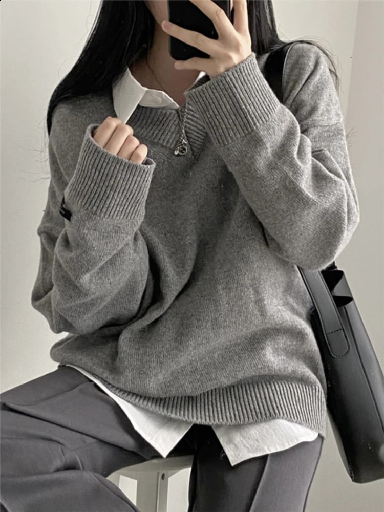 REALEFT autumn black oversized womens sweater casual loose long sleeved Vneck knitted with floral pattern for women 240826
