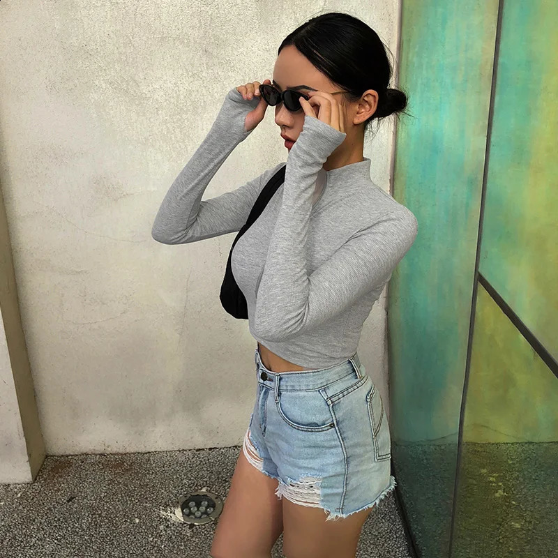 Casual Zipper Knitted Sweater Cutting Top Elegant Womens Turtle Neck Long Sleeve Zipper Spring/Summer Club T-shirt 20292P 240827