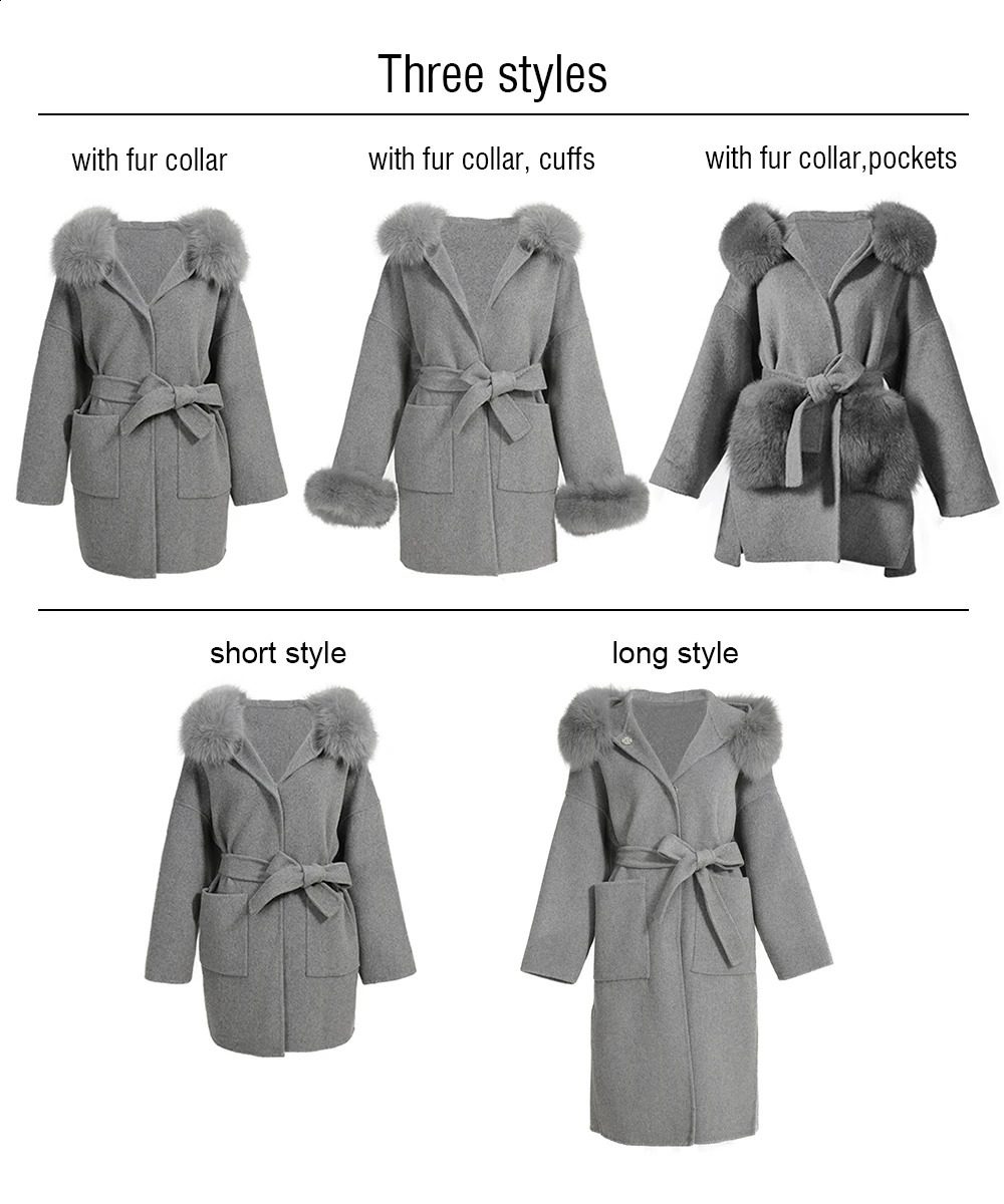 Real Fur Coat Hood Winter Jacket Womens 100% Natural Fox Fur Collar Cuff Cashmere Wool Blended Oversized Coat Loose 240826