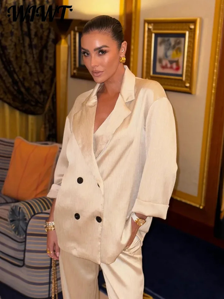 Casual Wrinkled Blazer Coat Pants Set Women Solid Loose Long Sleeve Double Breasted Top Wide Leg Trousers Lady Elegant Suit 240826