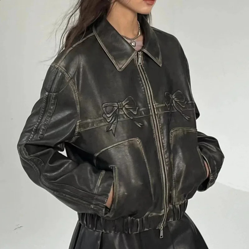 Y2k Motorcycle Bow PU Leather Jackets High Street Zipper Oversized Coats Vintage Jackets Female Casual Womens Clothing 240827