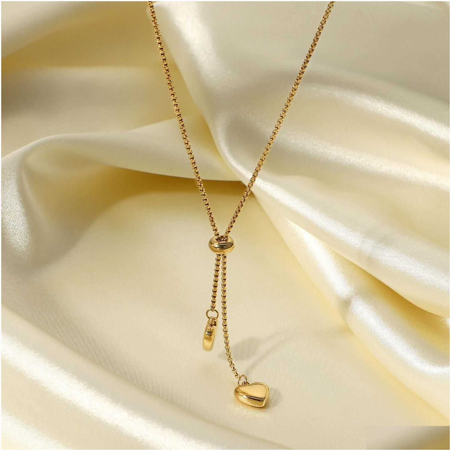 Designer Titanium Steel Pendant Necklace: Gold Plated Y-Shaped Rope Chain, Double Love Drop, Perfect for Women 4