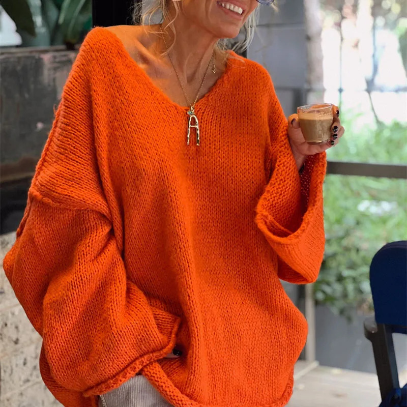 Womens Vneck loose knit sweater with floral casual streetwear solid color elegant long sleeved warm 240826