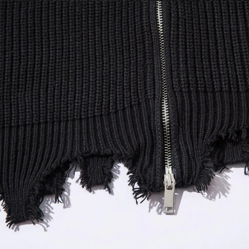 Hip hop sweater jacket pleated full zipper knit solid plain skydiving cardigan woolen Harajuku punk gothic top black 240826