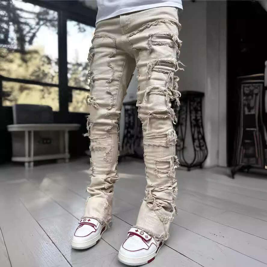 Jeans for Men Stretch Fit Skinny Stacked Ripped Destroyed Jeans Slim Fit Patch Y2K Denim Pants Slim Fit Trousers Streetwear