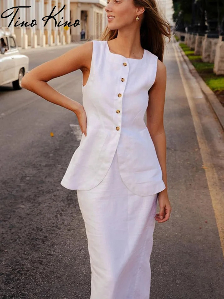 Elegant Waistcoat Skirts Sets Women White Single Breasted Top High Waist Midi Skirt Female Suit Sping Summer Lady Suits 240826