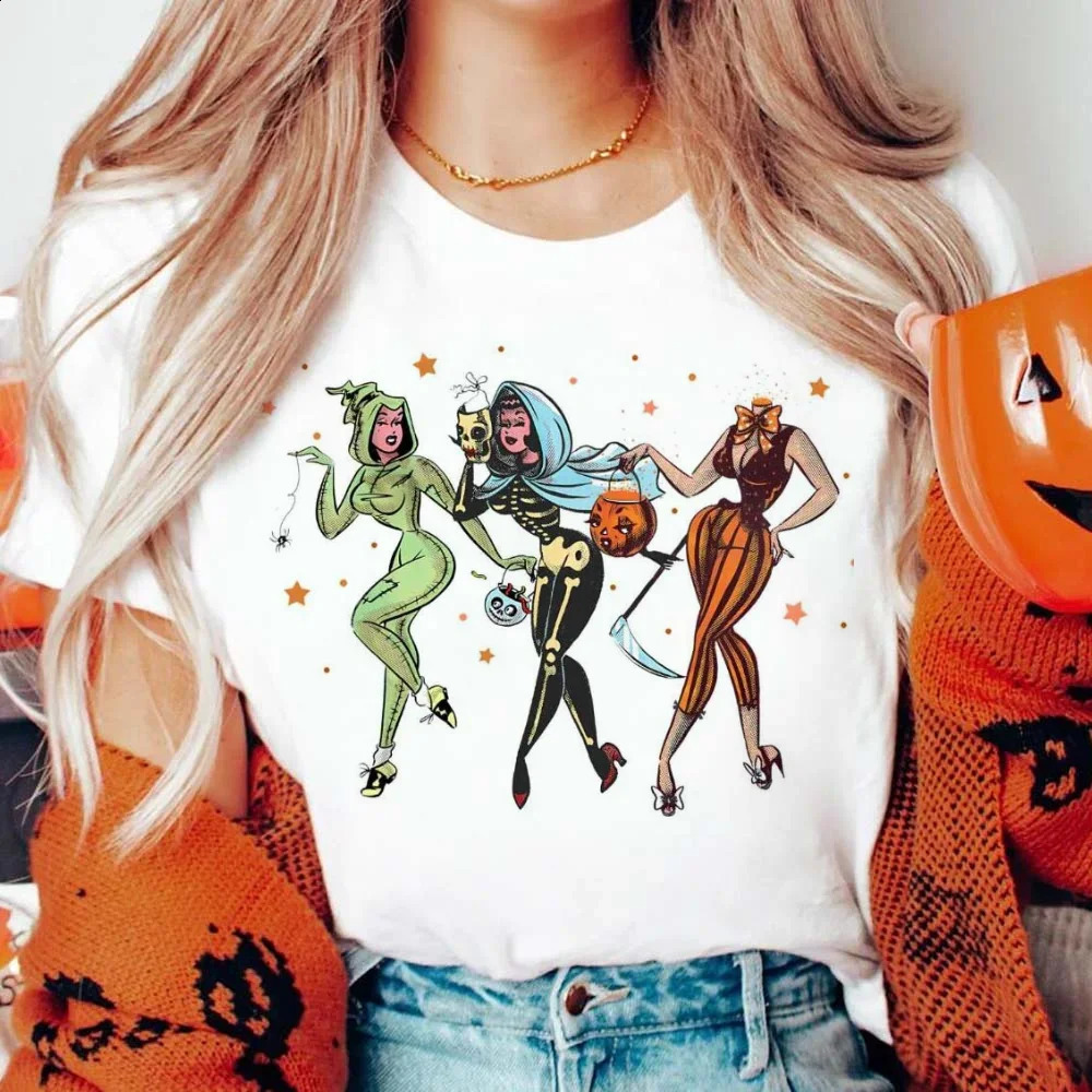 Vintage Halloween Ghost Pattern Kawaii T-shirt Short Sleeve Womens Printed Watercolor Fashion Top Womens T-shirt 240827