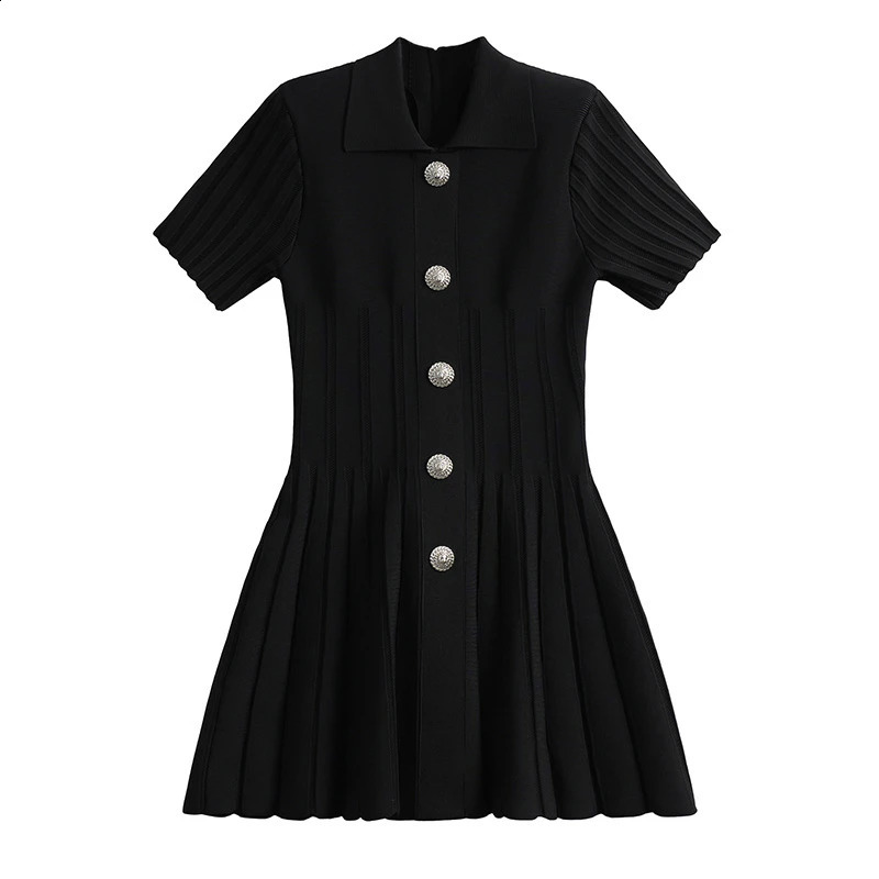 Summer Womens Collar Beaded Button Short Sleeve jumpsuit Y2K High Quality Fashion Retro Aline Knitted Bandage Skirt 240826