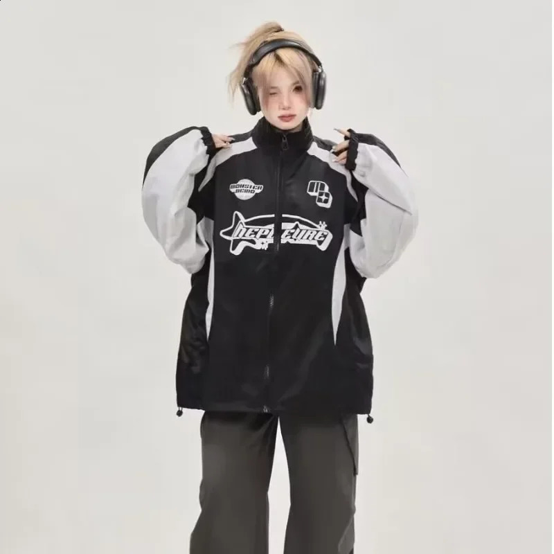 Deeptown-Vintage Racing Jacket for Women Oversized StreetwearKorean Fashion Windbreaker Hippie Motorcycle Jackets Y2k Autu 240827