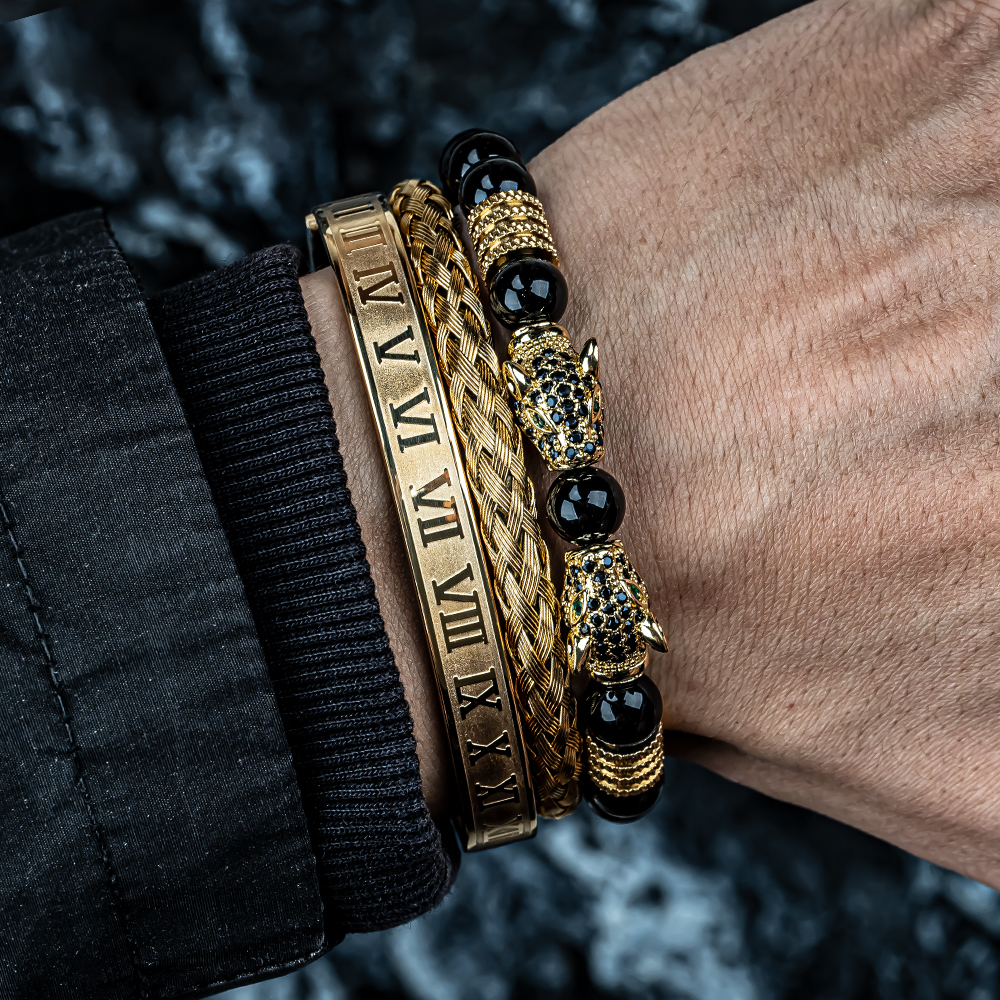 3PCS Mens Premium Black Agate Beaded Bracelet Set - Double Leopard Head, Roman Numerals, Adjustable Braided Design Bracelets Men Bracelets