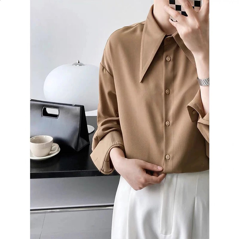 Spring and Autumn Office Womens Solid Long Sleeve Shirt Button Top Womens Shirt Simple Full Match Top Womens Blusa 240827