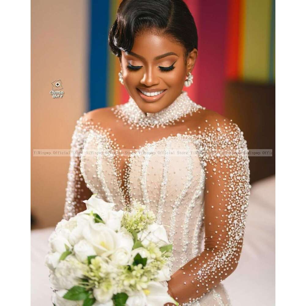 Lavish Mermaid Wedding Dresses for Bride High Neck Long Sleeve Pearls Beading African Bridal Gowns robes