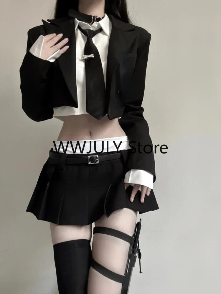 Vintage 3 Piece Set Skirt Woman Black Short Blazers Casual Shirt Slim Mini Skirt Party Korean Fashion Suit Female Chic 240826