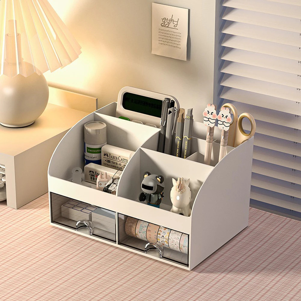 Home Office Desktop Stationery Storage Box 6 Compartments 2 Drawers Decorative Desk Organizer Dressing Table Makeup Storage Case 240826