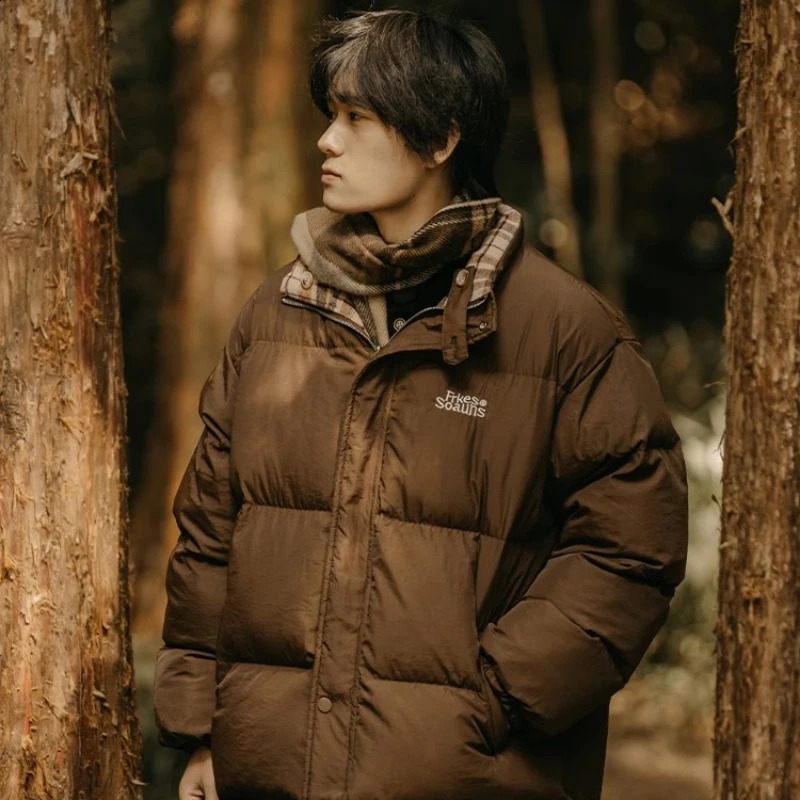 Japanese Double-sided Cotton Jacket Men Checkered Retro Loose Couple Winter Parkas Stand Collar Thicken Fluffy Coat Lightweight 240826