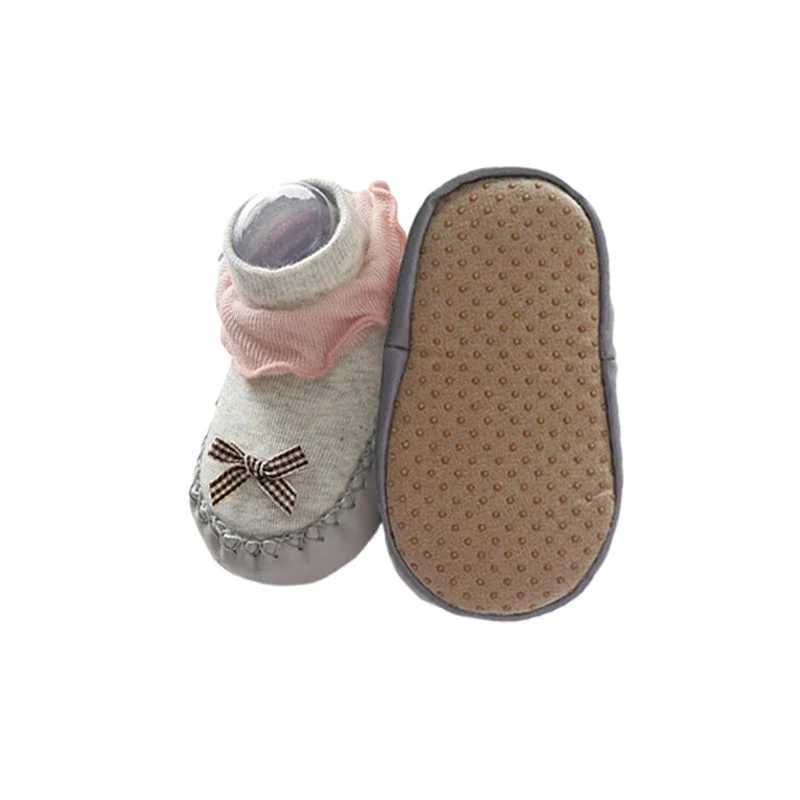 Bow PU leather edge childrens shoes with adhesive dots anti slip newborn baby socks cute boys and girls soft soles skin friendly floor socks M240827