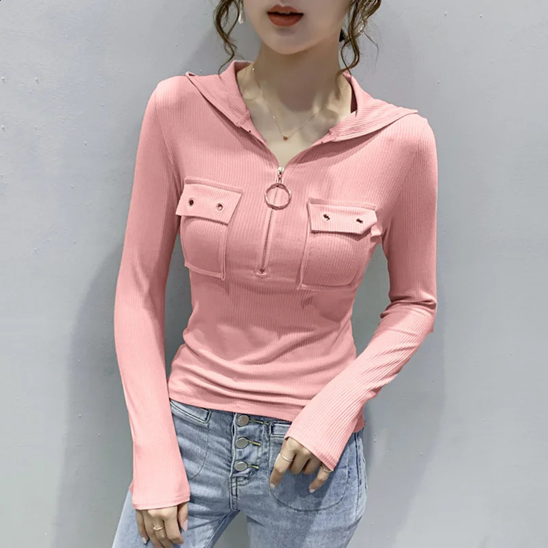 Wxw7914 black gray long sleeved hooded womens T-shirt zipper sexy street clothing short sleeved womens pocket elastic cotton ultra-thin 240827