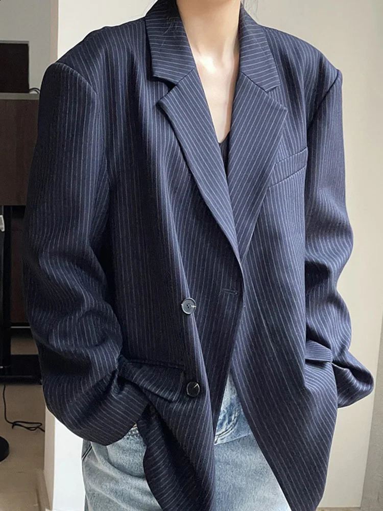 LANMREM Striped Blazer For Women Notched Single Button Long Sleeve Loose Jackets Spring Clothing 26D2884 240826