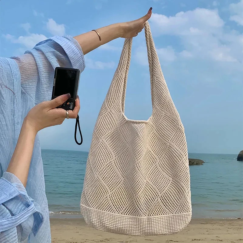Trend Womens Bag Crochet Handbag Retro Knitted Solid Color Hollow Tophandle Tote Travel Shopper Shoulder 240914