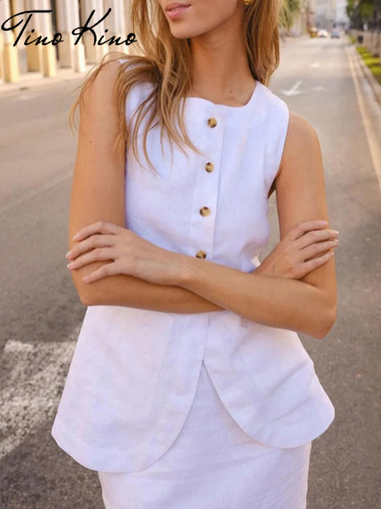 Elegant Waistcoat Skirts Sets Women White Single Breasted Top High Waist Midi Skirt Female Suit Sping Summer Lady Suits 240826