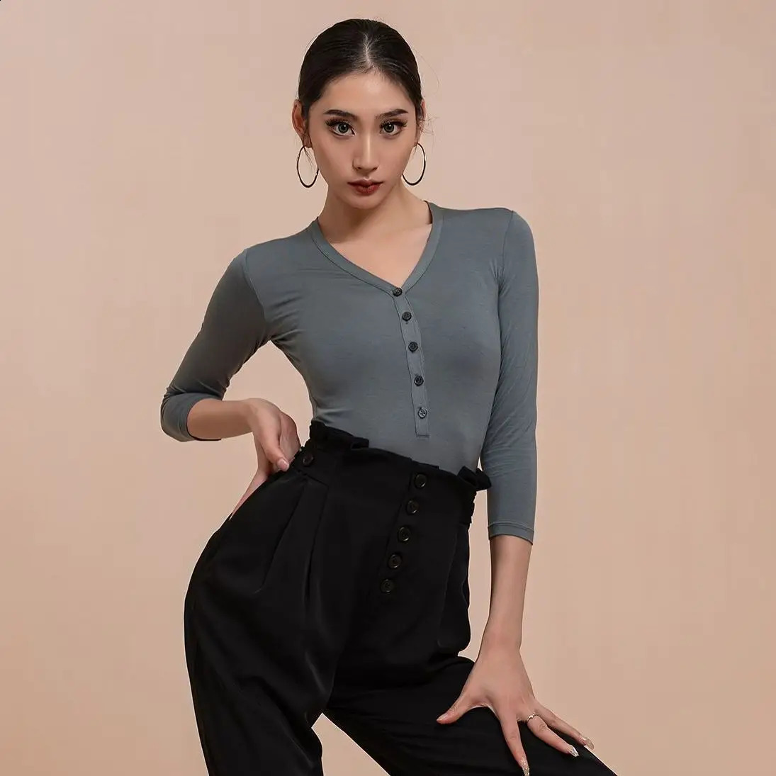 Ultra thin multi-color spring collar long sleeved casual T-shirt for womens uniform V-neck elastic strength comfortable and fully matched top 240827