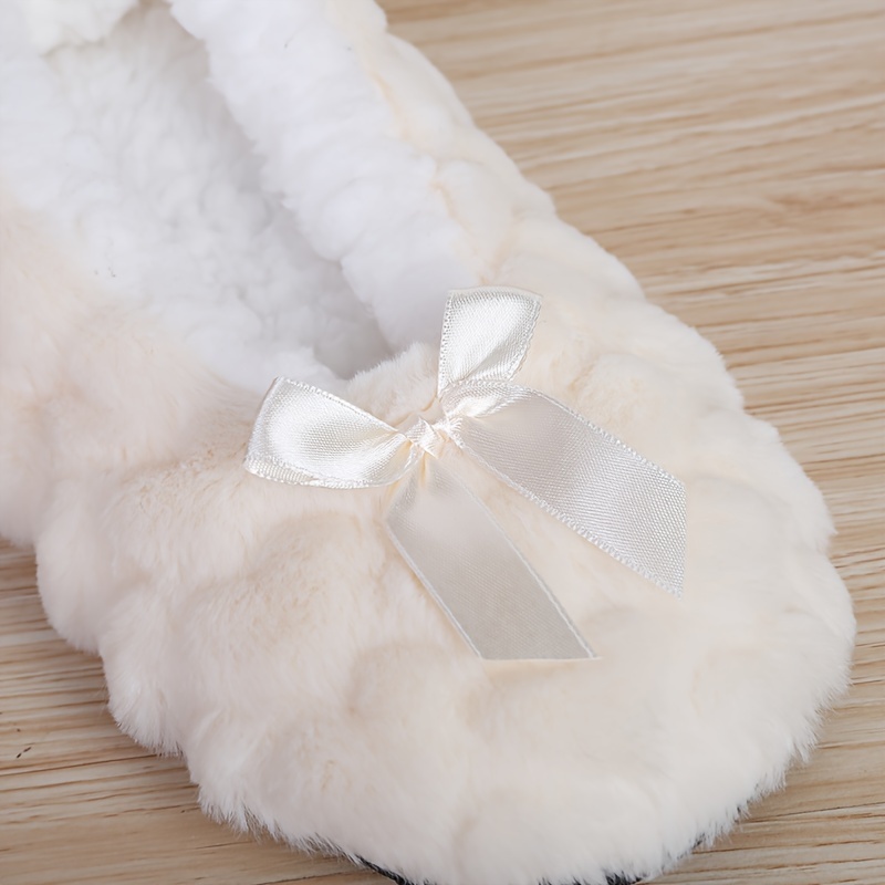 Cute Bowknot Plush House Slippers boots, Solid Color Slip On Fuzzy Flat Shoes, Winter Warm Home Floor Slippers booties