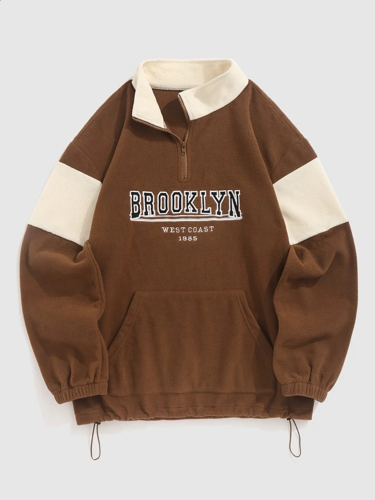 Color Lock Turtle Neck Mens Sweatshirt with Embroidered Polar Wool Lined Quarter Zipper Pull Up Z5073222 240827