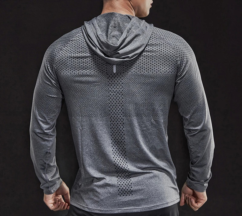 Autumn and winter thick running shirt mens long sleeved hooded gym Tshirt fitness training quick drying breathable sports 240827