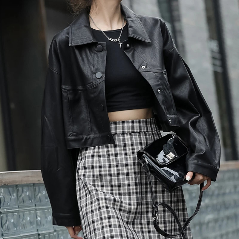 HELIAR womens PU leather jacket motorcycle cool jacket long sleeved single chest street clothing cardigan wool sweater solid short top for autumn and 