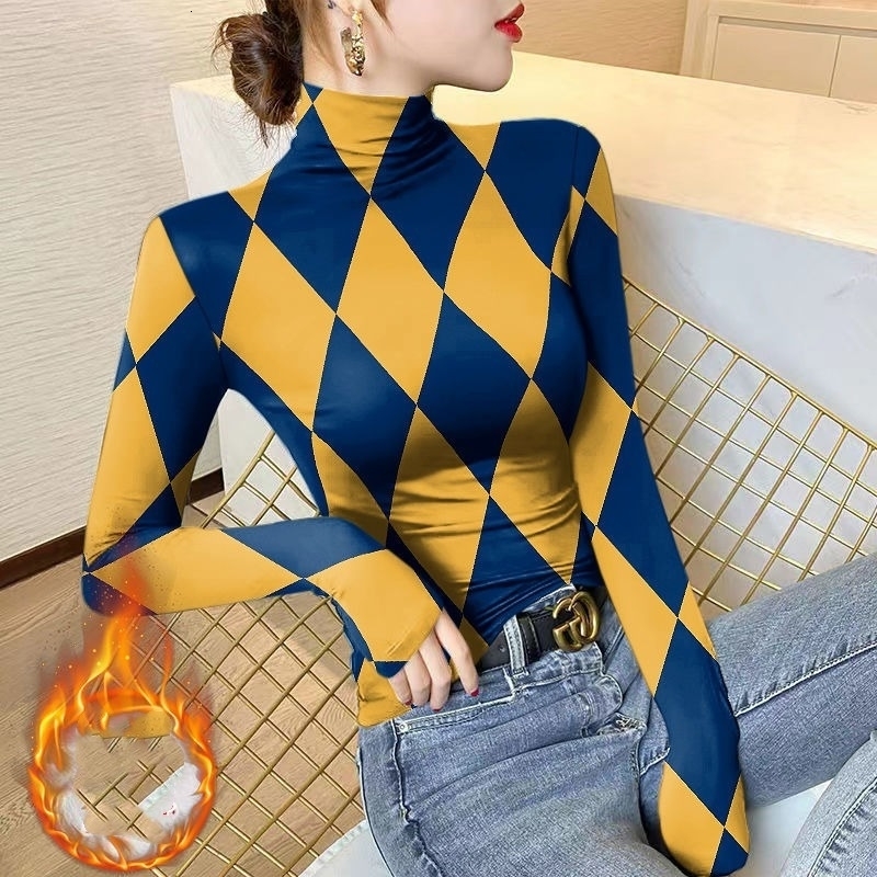 Womens semi high neck pull flat T-shirt autumn and winter fashion printed long sleeved slim fit top 240826