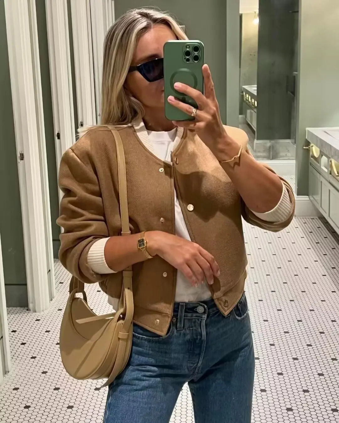 Bomber jacket womens solid O-neck autumn wine Y2k loose knit pocket long sleeved womens top single corset 240827