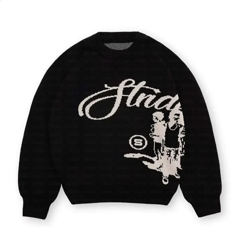 American style street Gothic letter jacquard knitted pullover sweater wholesale loose fitting mens collar 240826