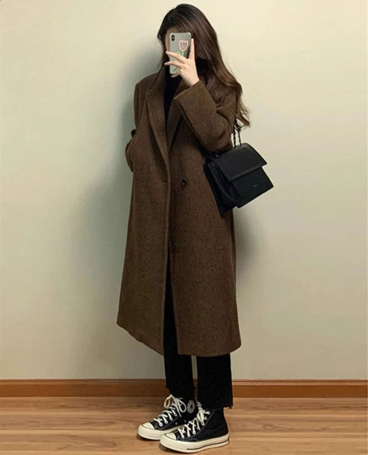 Womens autumn and winter thick knee long wool coat 240826