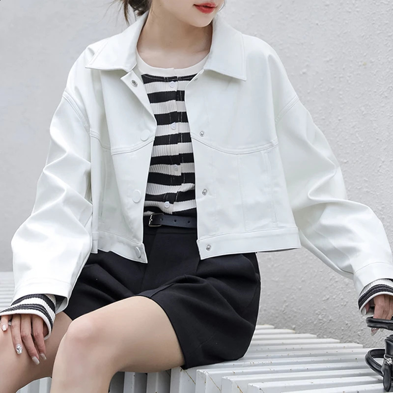 HELIAR womens PU leather jacket motorcycle cool jacket long sleeved single chest street clothing cardigan wool sweater solid short top for autumn and 