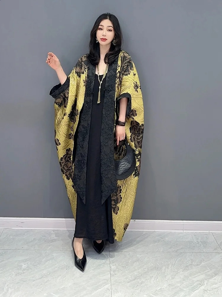 SpringSummer Dark Flower Gull Casual Big Bat Sleeve Open Collar Woolen Sweater for Women Retro Chinese Style Trend ZY574 240826