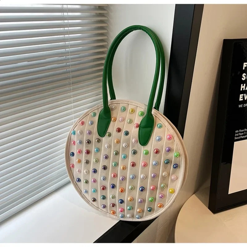 Colorful Rivet Canvas Circular Shoulder Bags Large Capacity Unique Casual Tote Bags for Women Fashion Style 240827