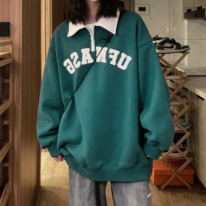 Polo collar hooded sweatshirt with letter printing for women thick autumn retro womens hooded sweatshirt casual long sleeved oversized top 240827