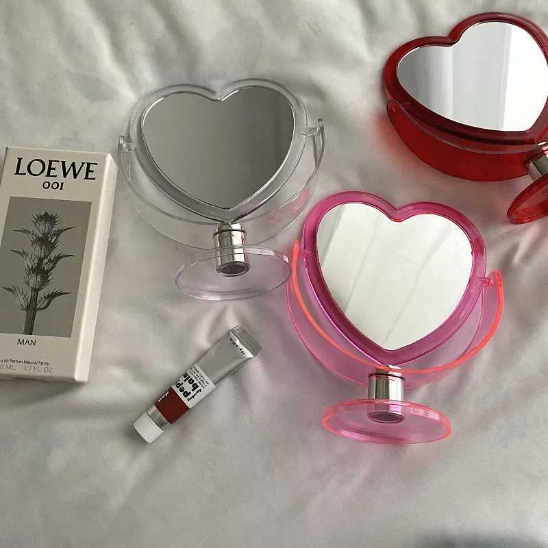 Korean Style Heart Shaped Cosmetic Mirror Acrylic Transparent Base Makeup Mirror Double Side Home Bedroom Desktop MirrorXJ241213