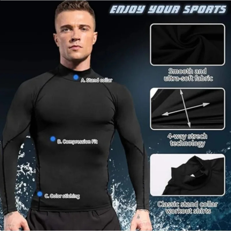 Mens sports Tshirt fitness suit quick drying and bodybuilding running long sleeved compression vest tight fitting sportswear 240827