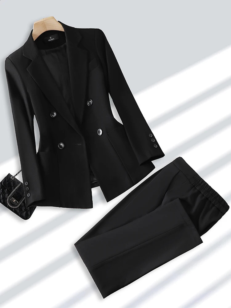 Fashion Ladies Pant Suit Women Office Business Work Wear Blazer And Trouser Beige Black Khaki 2 Piece Set With Pocket 240826