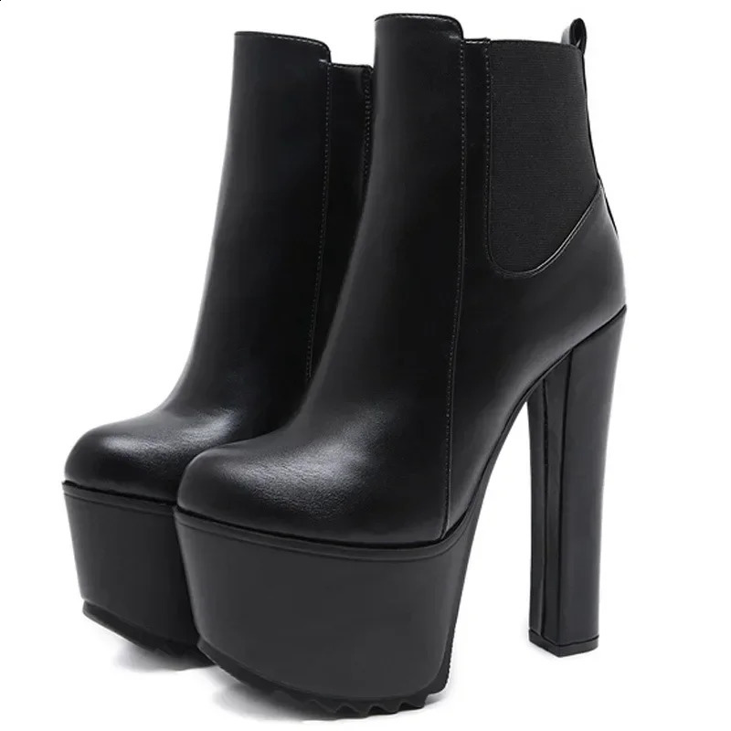 16CM Thick High Heels Womens Platform Elastic Band Side Zipper Chelsea Boots Black Ankle Boots Zapatos Para Mujeres 240827