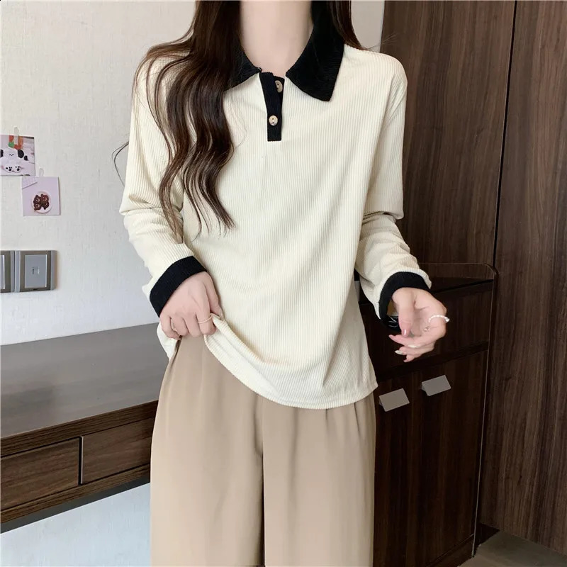 Autumn womens multi-color T-shirt Harajuku long sleeved polo neck hooded patch work casual oversized T-shirt Y2k top streetwear 240827